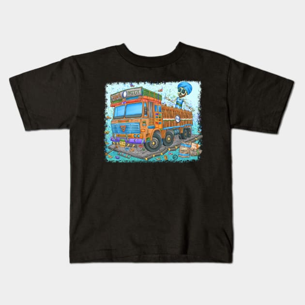 Indian Trucker Skeleton - Dia De Los Muertos - Colorful Indian Truck Paint Kids T-Shirt by Scriptnbones
